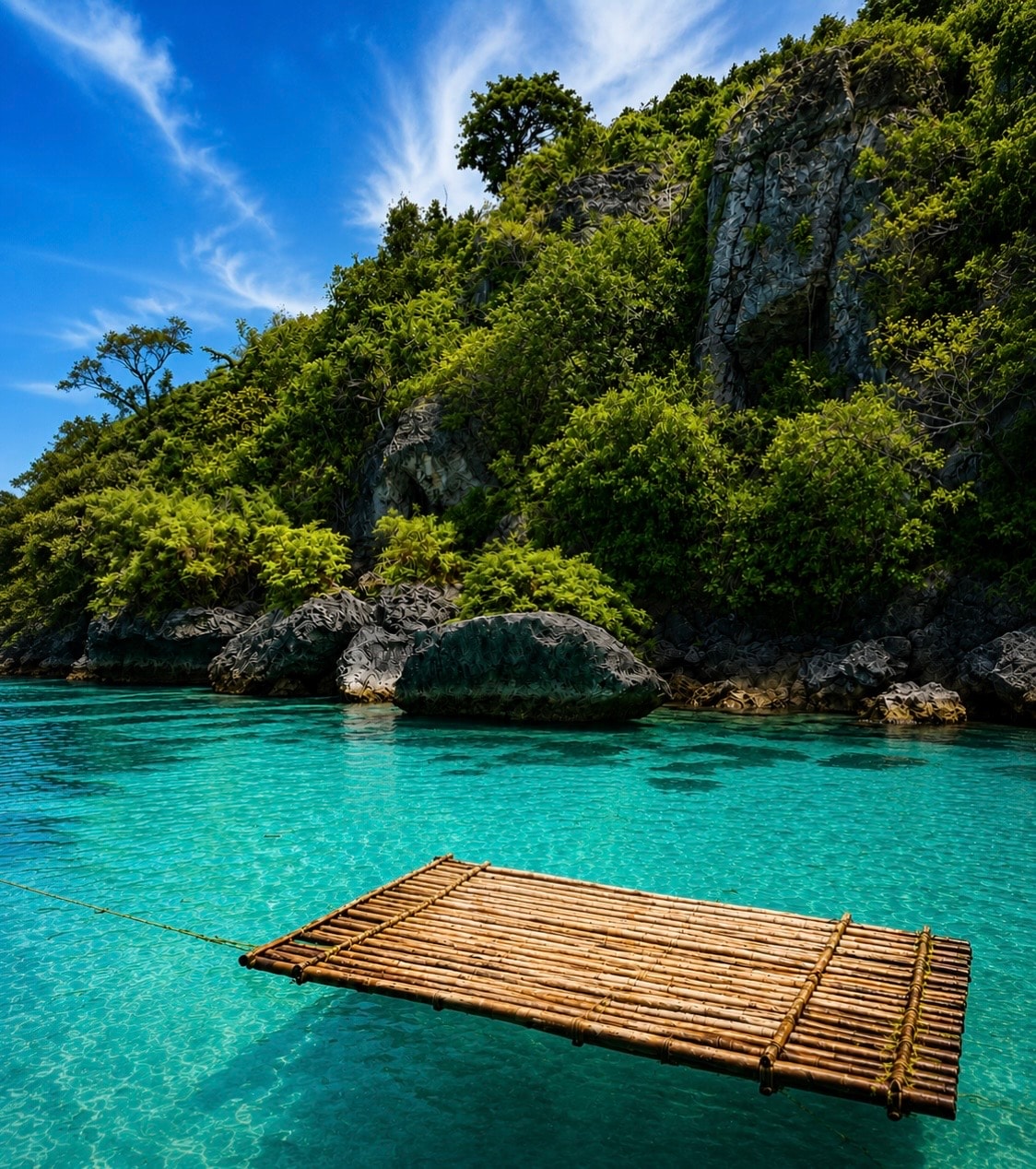 Bamboo raft on the clear water at Siquijor's Secret Beach
